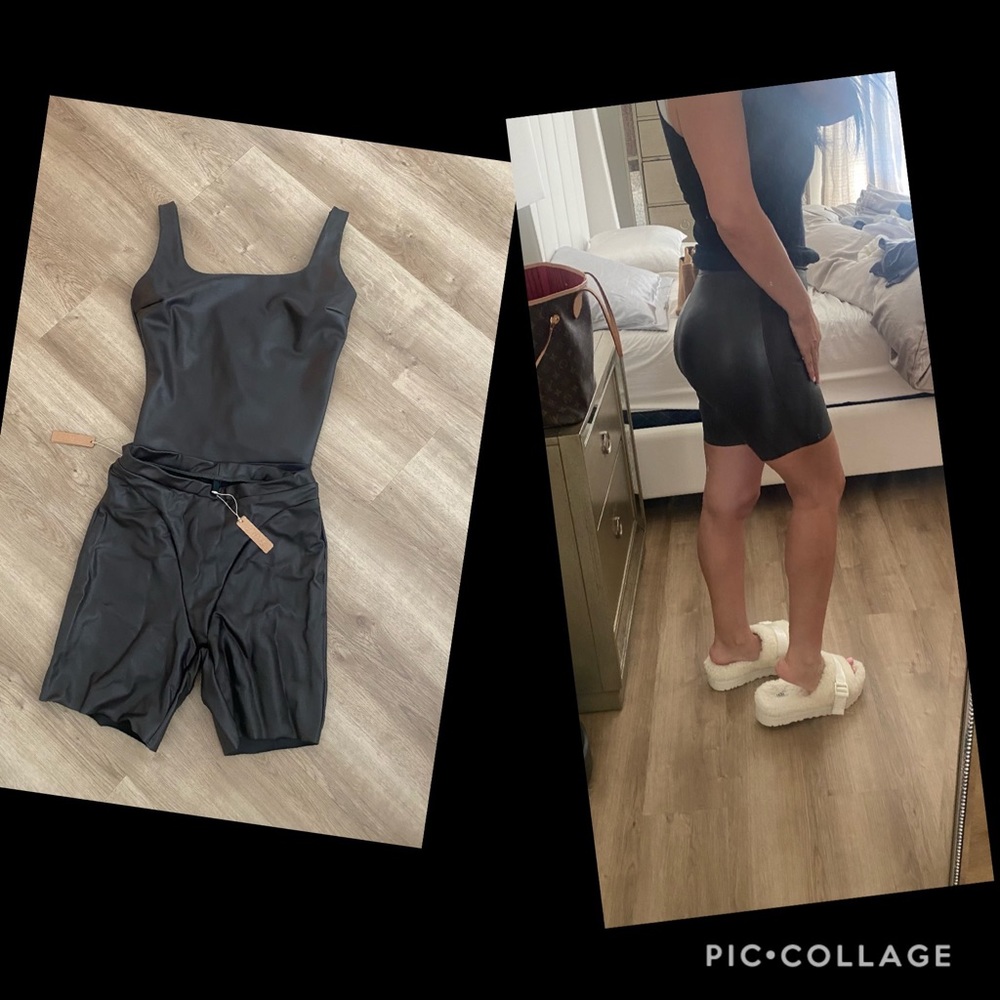 NWT SKIMS FAUX LEATHER BODYSUIT & BIKER SHORTS SET SZ MEDIUM LARGE SOOT